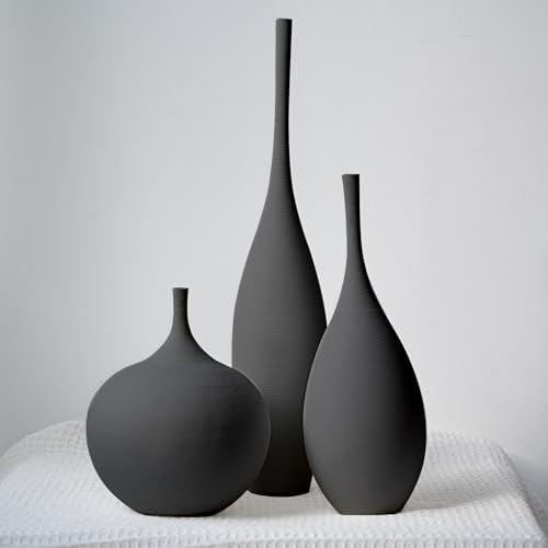 Relexome Black Ceramic Vase Modern Boho Wabi-Sabi Flower Vase Set of 3 Decorative Aesthetic Vases for Centerpieces Matte Minimalist Vases for Living Room Table Shelf Home Decor Gift - color: Black
