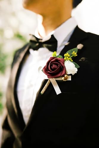 6PCS Red Boutonniere for Men,Burgundy Boutonniere Pins for Groomsmen Guest, Artificial Flowers for Wedding Decor Prom Homecoming - color: Red