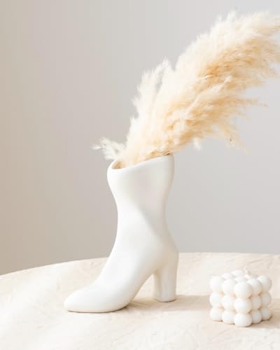 Ceramic Boot Vase for Modern Home Decor,7.9" High Heel Bootie Flower Vase,Quirky Funky Aesthetic Room Decor,Trendy Coffee Table Centerpiece for Women(White) - color: White