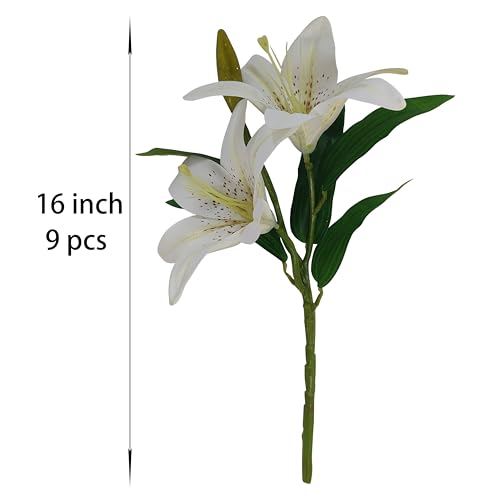 ATFL Artificial Lilies Flowers,9 Pcs Faux Lily Flowers,16''Tiger Lily Branches with 2 Full Blooms and 1 Bud,Faux Fake Lilies Plants for Wedding Bouquet Floral Arrangements (9, Ivory White) - color: Ivory White