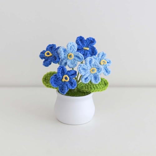 Blync Knitting Crochet Flowers Potted Plants, Fake Forget Me Not Flowers for Friends, Family and Lover, Artificial Handmade Flowers for Valentines Birthday Wedding Gift and Home Decor (Gblue) - color: Gblue