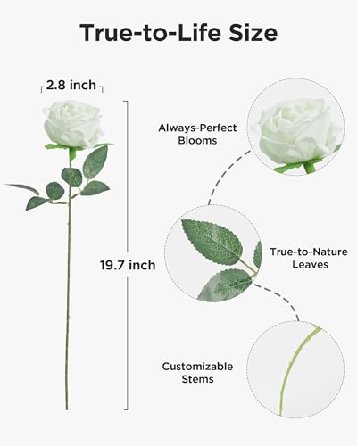 InnoGear 50 Pcs White Roses Artificial Flowers, Fake Velvet Silk Rose Bulk Faux Flower for Mother's Gift Decoration DIY Wedding Centerpieces Proposal Bridal Bouquets Party Floral Decor (50, White) - color: White