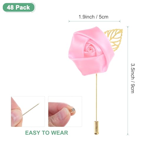 M METERXITY 48-Pack Flower Lapel Pins for Men, Golden Leaf Rose Boutonnieres Pin Groom Boutonnieres for Wedding/Dance/Party, Men Lapel Pins for Suits Satin Flower Corsage [Pink] - color: Pink