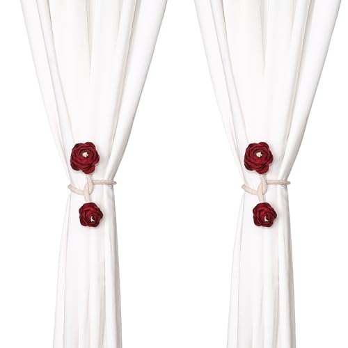 SUQ I OME 2 Pieces Handmade Artificial Christmas Red Flower Curtain Holdbacks,Curtain Tiebacks Clips Creative Window Drape Twist Tie Backs for Christmas Decorative Draperies Holdbacks (Wine Red) - color: Wine Red