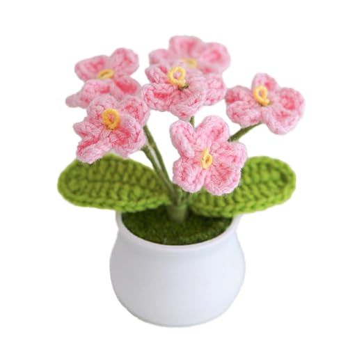 Blync Knitting Crochet Flowers Potted Plants, Fake Forget Me Not Flowers for Friends, Family and Lover, Artificial Handmade Flowers for Valentines Birthday Wedding Gift and Home Decor (Pink) - color: Pink