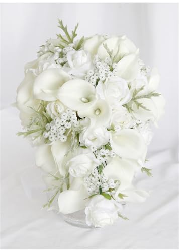 Wedding Bouquets for Bride Artificial White Calla Lily Water Drop Waterfall Bouquets Bridal Cascading Bouquet Flowers for Wedding Bridal Shower Ceremony Anniversary (White Bouquets) - color: White Bouquets