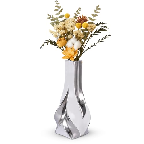 10.6" White and Silver Ceramic Vase, Modern Geometric Flower Vase for Dining Table Centerpiece, Elegant Decorative Vase for Pampas Grass, Living Room, Bedroom, Office, Tabletop Decoration - color: White Silver