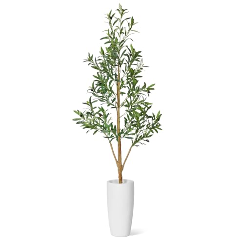 Timoo Faux Olive Tree 6Ft, Indoor Artificial Trees with Natural Wood Trunk and White Planter, Tall Fake Plants for Living Room, Bedroom and Office - color: Color 1