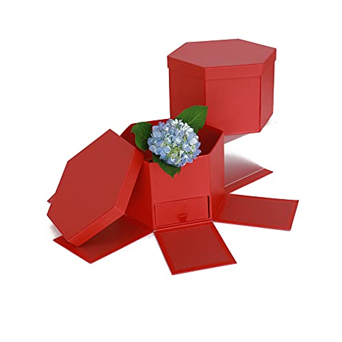 USA-SALES UNIKPACKAGING Premium Quality Hexagon Shape Flower Gift Box, w Drawer, Size 9.5″ x 8.3″ x 6.1″ inch, for Luxury Style Flower Arrangements (Red) - color: Red