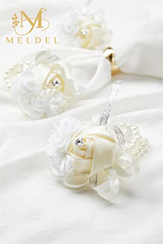 2pcs Beige-White Wedding Wrist Corsages Faux Silk Rose for Women | with Pearls for Brides, Bridesmaids, the Mother of the Bride, Prom, Homecoming, and Evening Party - color: 2pcs Beige Wrist Corsages