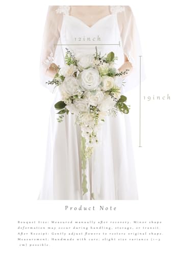 12 Inch Cascade Wedding Bouquets for Bride, Ivory & Champagne Cascading Bridal Bouquet for Wedding Silk Artificial Flowers - color: Ivory & Champagne