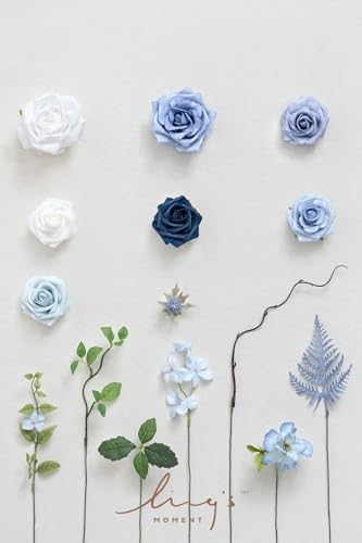 Ling's moment Fake Flowers Box, Artificial Faux Greenery Stems Silk Peony Foam Rose for Wedding Bouquets Centerpieces Table Decorations Backyard Floral Arrangement, Dusty Blue & Ivory, Mini Combo - color: Dusty Blue & Ivory
