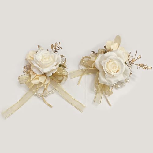 Corsage and Boutonniere Set, Handmade Artificial Peony Rose Wrist Corsage Wristlet and Groom Boutonniere for Men Wedding Prom Suit Decorations (Champagne Cream Gold) - color: Champagne Cream Gold