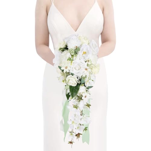 White Wedding Bouquets for Bride,10 Inch Fake Cascading Bridal Bouquet Silk Faux Flowers for Ceremony Anniversary Wedding Bridal Shower(White & Ivory) - color: White & Ivory