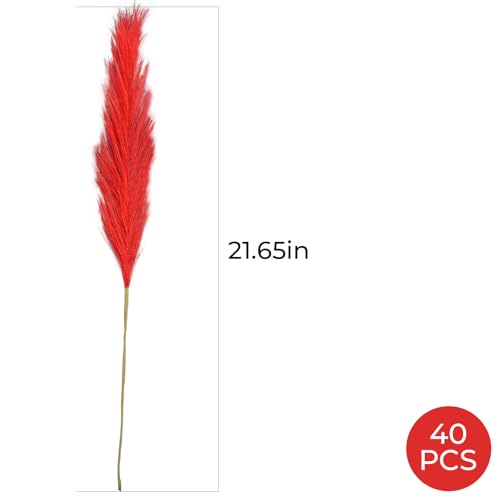 40pcs Artificial Pampas Grass 21.6" Faux Dried Flowers Pompas Grass Bouquet Flower Arrangement and Vase Filler for Gothic Room Decoration Wedding Party Boho Home Decor - color: Red & White