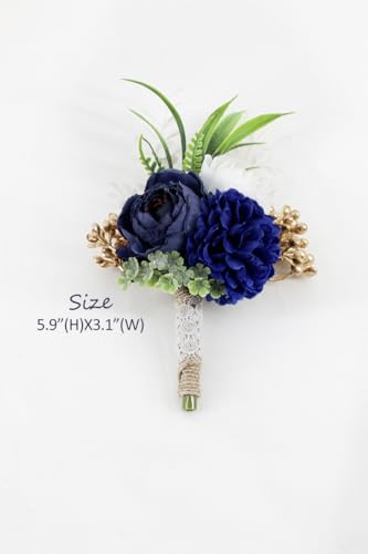 Ansofi Navy Blue Corsage and Boutonniere Set Artificial Rose Flower Wrist Corsage and Boutineers for Groom Groomsmen Bride Bridesmaids Prom Rustic Vintage Wedding Decor - color: Navy Blue
