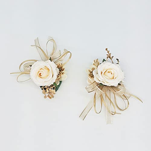 Bridal Wrist Corsage 2pcs Beige Satin Rose Hand Flower for Wedding Bride Bridesmaid Mother Sisters Wristband for Prom, Homecoming, Quinceanera, Tea Party, Bridal Shower, Formal Dinner - color: Beige Wrist Corsage