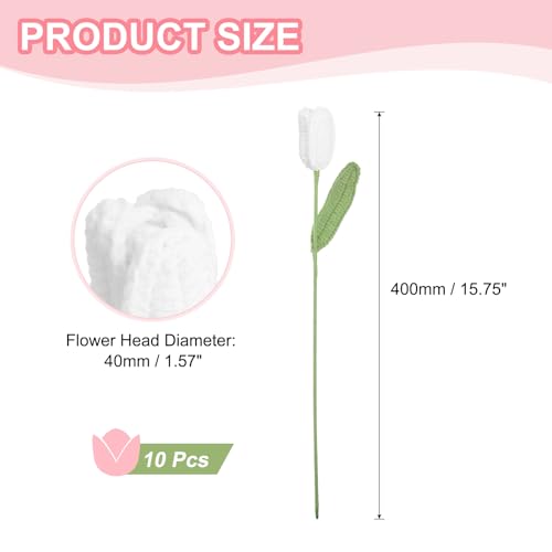 MECCANIXITY Tulip Crochet Flowers, Artificial Knitted Tulip Flower Completed Handmade Tulips Bouquet for Gift Home Birthday Wedding Decoration, White Pack of 10 - color: White