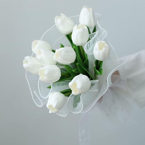 30pcs Real Touch Tulips PU Artificial Flowers, Fake Tulips Flowers for Arrangement Wedding Party Easter Spring Home Dining Room Office Decoration. (White) - color: White