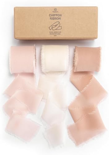 Vitalizart Pink Handmade Chiffon Silk Ribbon Fringe 1.5" x 21 Yd Blush Pink & White Frayed Edges Ribbons for Wedding Invitations Bridal Bouquets Gifts Wrapping Crafts Holiday Party Decorations - color: Cream & Pink