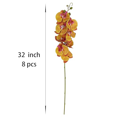 ATFL 8 Pack Orange Orchid Artificial Flowers Real Touch, 32'' Artificial Fake Faux Silk Orchid Stem Bouquets for Wedding Party Home Garden Decor,Orquideas Artificiales para Decora (excluding The Pot) - color: Orange