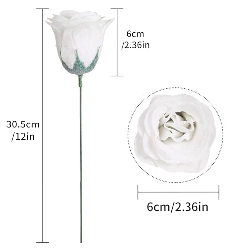 Glitter Flowers,30PCS White Roses Artificial Roses with Stems for Wedding Bouquet Party Christmas Home Decor(White) - color: White