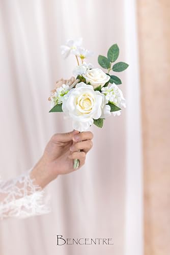 White and Sage Wedding Centerpieces Flowers Set of 6 Mini Bridesmaid Bouquets Posy Bouquet Pre-Made Wedding Flowers Centerpieces for Tables Artificial Flowers - color: White