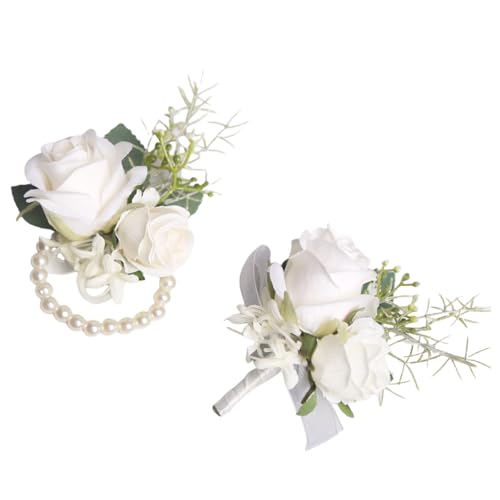 White Rose Corsage and Boutonniere Set for Wedding Party Homecoming Prom Artificial Flower Boutonniere for Best Men Groomsmen Groom Wrist Corsage for Girl Mother Bride Bridesmaid - color: White Corsage and Boutonniere