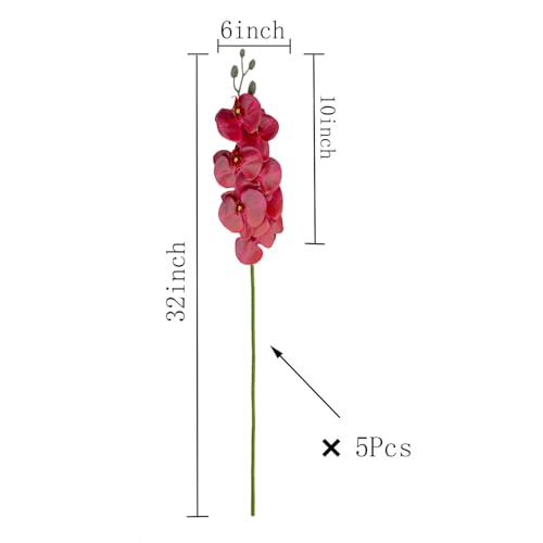 Artificial Phalaenopsis 5 Pcs Artificial Flowers Artificial Orchid Flowers Stem Fake Plants for Décor (Red) - color: Red