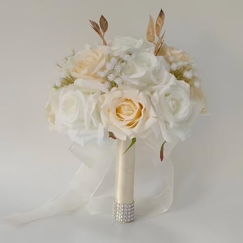 Wedding Bouquets for Bride, White and Champagne Bridal Bouquet | Realistic Silk Rose for Rustic Boho Church Ceremony, Proposal, Thanksgiving, Wedding Decor - color: White and Champagne