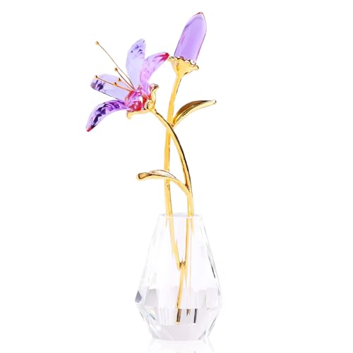 YWHL Purple Lily Flower Gifts for Women, Handmade Crystal Lily Flower Figurine Collectible with Vase, Home Wedding Party Decor - color: Purple