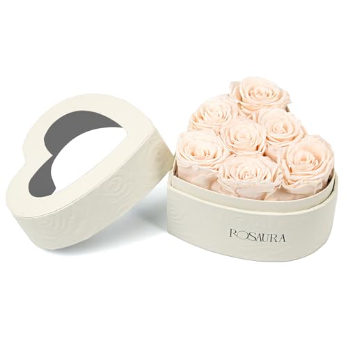 Rosaura Heart-Shaped Preserved Roses Gift Box - Real Forever Flowers for Christmas, Birthday, Valentine's & Mother's Day (Champagne, 7 roses) - color: Champagne, size: 7 roses