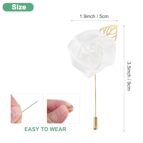 M METERXITY 1-Pack Flower Lapel Pins for Men, Golden Leaf Rose Boutonnieres Pin Groom Boutonnieres for Wedding/Dance/Party, Men Lapel Pins for Suits Satin Flower Corsage [Pure White] - color: Pure White