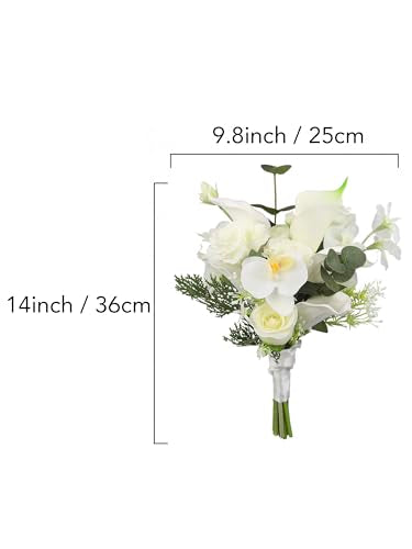Rinlong 9.8" Wedding Bouquet, White Green Silk Posy Bridal Bouquet | Prom, Homecoming, Wedding, Destination Friendly - color: 34-white Orchid