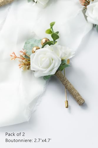 Boutonniere for Men Wedding, Groom Groomsman Artificial Rose Flowers for Wedding Anniversary Celebration,Prom,Party,Home Decoration Set of 2 (Ivory) - color: Ivory