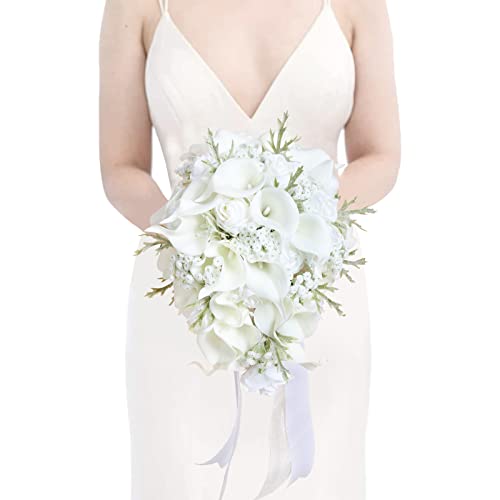 Bride Bouquets for Wedding,11 Inch White Calla Lily Cascading Bridal Bouquet Silk Flowers for Ceremony Anniversary Wedding Bridal Shower(Natural Whites) - color: Natural Whites