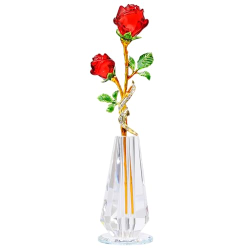 Arikyrist Red Rose Flower Crystal Figurine with Vase, Handmade Bouquet Glass Flowers Ornament Rose Gifts for Wife Girlfriend Women, Crystal Flower Home Table Decor for Valentine Anniversary - color: Red 1