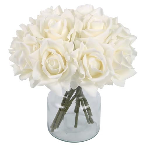 IPOPU White Roses Artificial Flowers,2 Bouquets 10PCS Real Touch Faux Roses with Stems for Wedding Party Home Table Centerpieces Decoration(White) - color: White