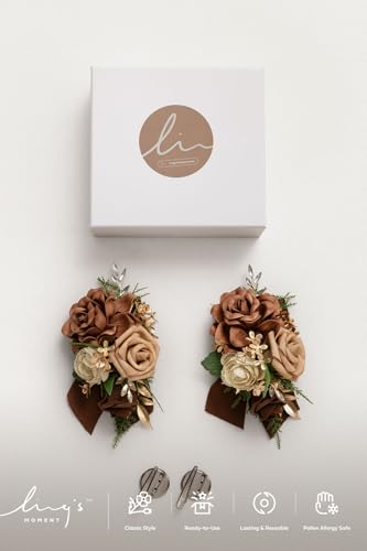 Ling's moment 2pcs Prom Wrist/Shoulder Corsage Artificial Flower, Girl/Mother Homecoming/Wedding Corsage Wristlet Décor, etc. Walnut Brown Golden Glove - color: Brn-walnut Brown & Golden Glove