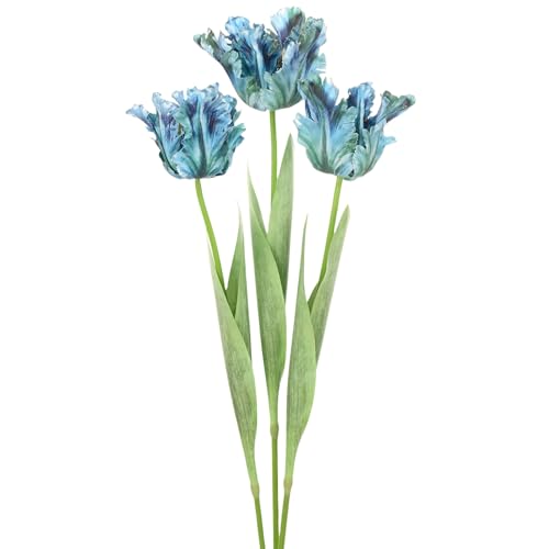 M METERXITY 3-Pack Blue Artificial Parrot Tulip Flowers,27 Inch Faux Parrot Tulip Silk Bouquets Real Touch Faux Flowers for Home/Wedding/Christmas/Party - color: Blue