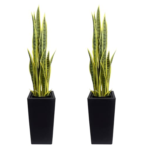 4FT-2PC Artificial Snake Plant, 24 PVC Lifelike Leaves, 35in Faux Sansevieria for Indoor Home & Garden Decor, Tall Planter Potted Mother-in-Law's Tongue Plants, Yellow - color: Black Tall Planter Snake Plant-2pc