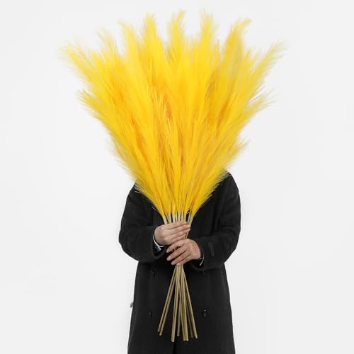 Wertuirk Yellow Pampas Grass, 8 Pcs 45 Inch Tall Large Faux Pompous Grass, Long Artificial Flowers for Floor Vases, Wedding Centerpieces, Baby Shower and Home Decoration (Yellow) - color: Yellow