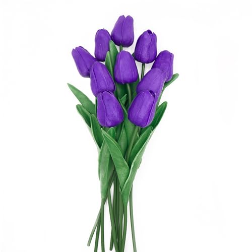 10 Pcs Faux Tulips Artificial Flowers with Stems, 13 Inch Artificial Tulips Flower Realistic for Wedding Bouquet, Table Centerpiece, Birthday Party (Purple) - color: Purple