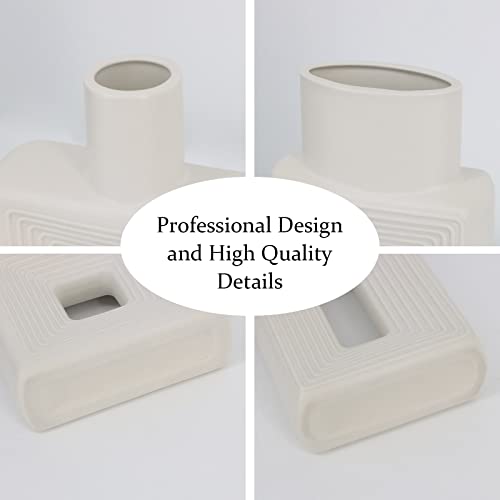 White Ceramic Vase Set of 2，Square Vase Rustic Home Decor Minimalist Nordic Boho Style for Living Room, Shelf, Table, Bookshelf, Mantel and Entryway Decor Vases - color: Square White