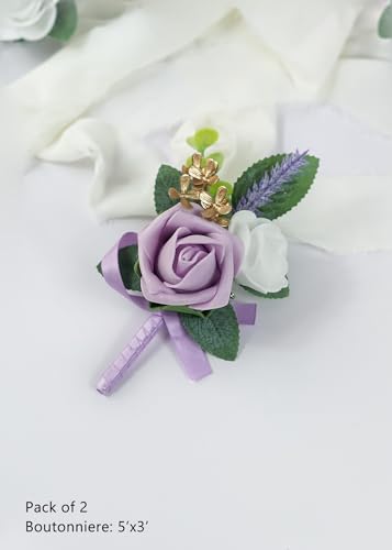 Set of 2 Purple Rose Boutonniere for MenWedding, Groom Groomsman Artificial Flowers for Wedding Anniversary Celebration,Prom,Party,Home Decoratio (Purple) - color: Purple