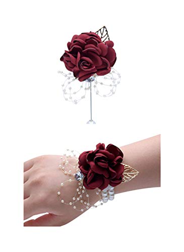 Rose Wedding Wrist Corsage and Boutonniere Set Party Prom Hand Ribbon Flower Suit Decor (Wine Red) - color: Wine Red