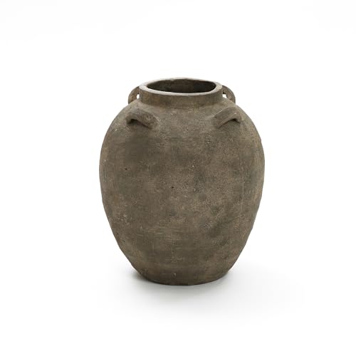 LuxenHome Rustic Ceramic Flower Vase,15 Inch Tall Brown Terracotta Cauldron Vase for Living Room Decor，Large Floor Vase Home Décor Accents,Round Vintage Pottery Vases Home Decor - size: Large