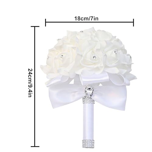 Wedding Bouquets for Bride, Bridal Flowers for Wedding, Bride Bridesmaid Hand Flowers Bridal Bouquet Crystal Diamond Silk Roses, Artificial Flowers Bouquet for Church Wedding Party (White) - color: White