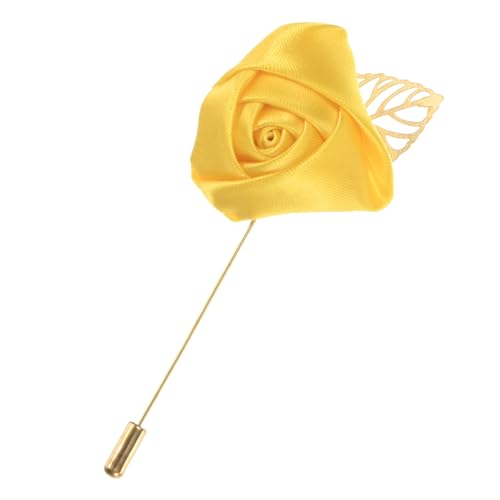 M METERXITY 1-Pack Flower Lapel Pins for Men, Golden Leaf Rose Boutonnieres Pin Groom Boutonnieres for Wedding/Dance/Party, Men Lapel Pins for Suits Satin Flower Corsage [Yellow] - color: Yellow