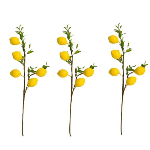 3 Pcs Artificial Lemon Decor 19" Fake Lemons Branch Beautiful Yellow Lemon Branches Decoration for Home Holiday Farmhouse Table Centerpiece and Home Decoration